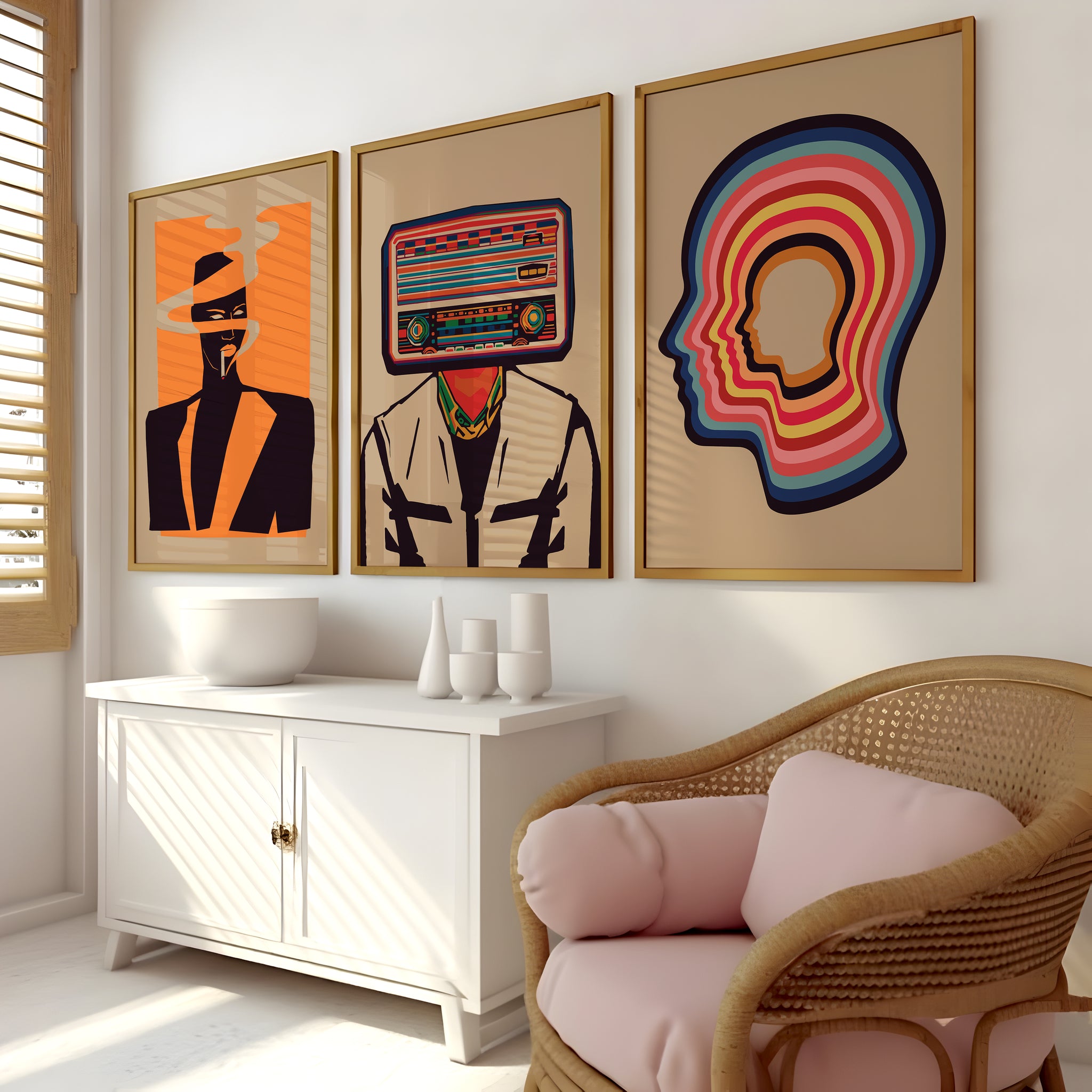 Grace Jones, Radiohead and Tame Impala print set for a home office gallery wall