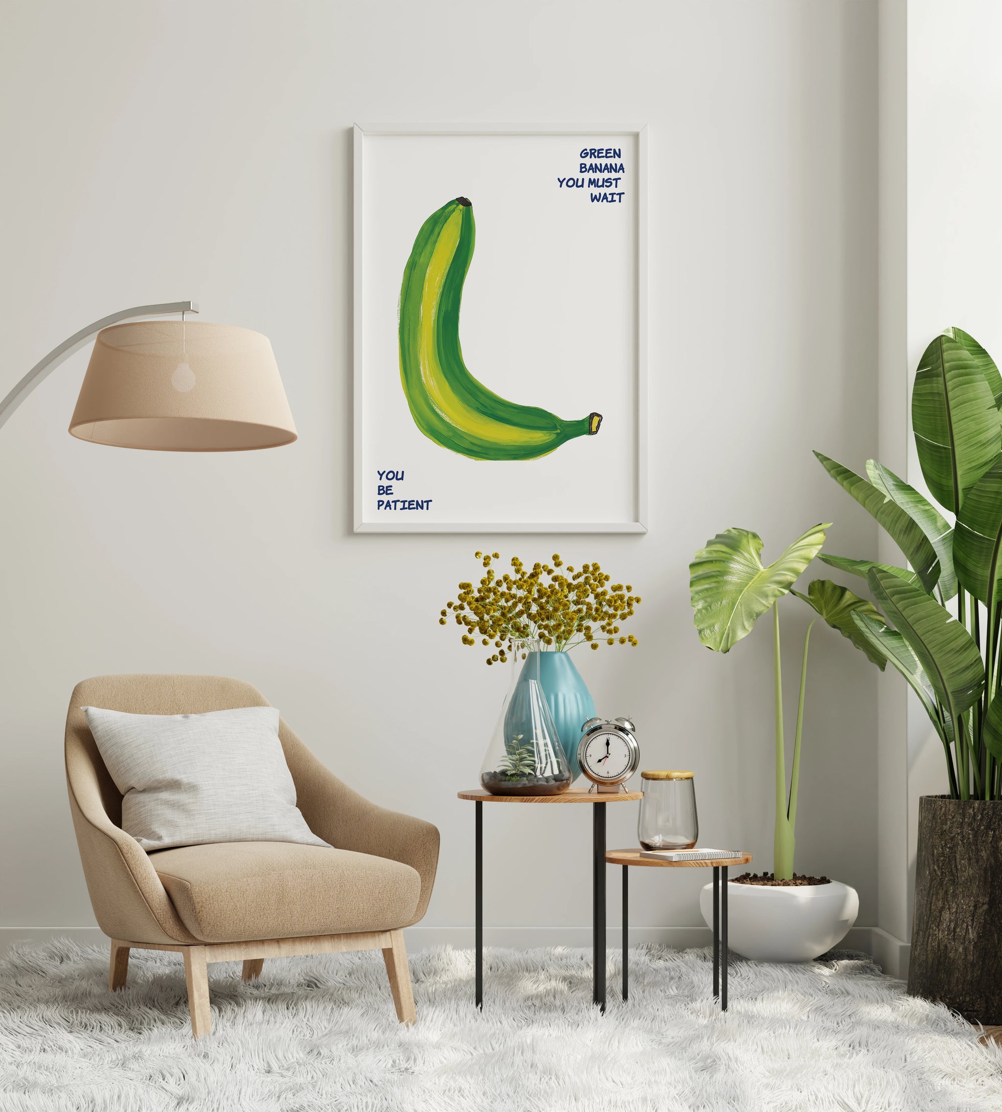 Green banana print with minimal food typography and painted fruit for reading corner wall art