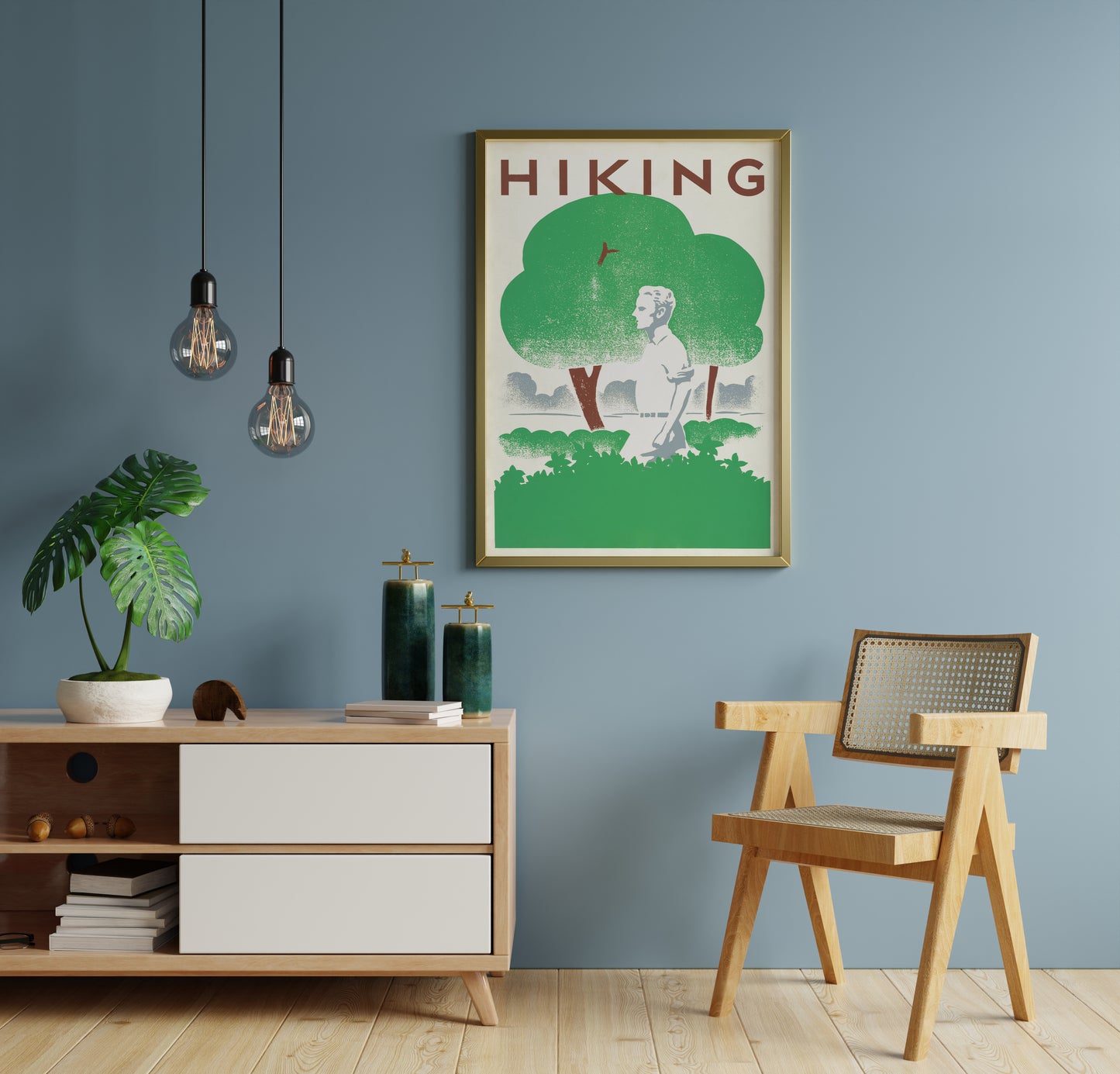 Green hiking wall art with retro texture and a walking figure displayed on a blue interior wall.
