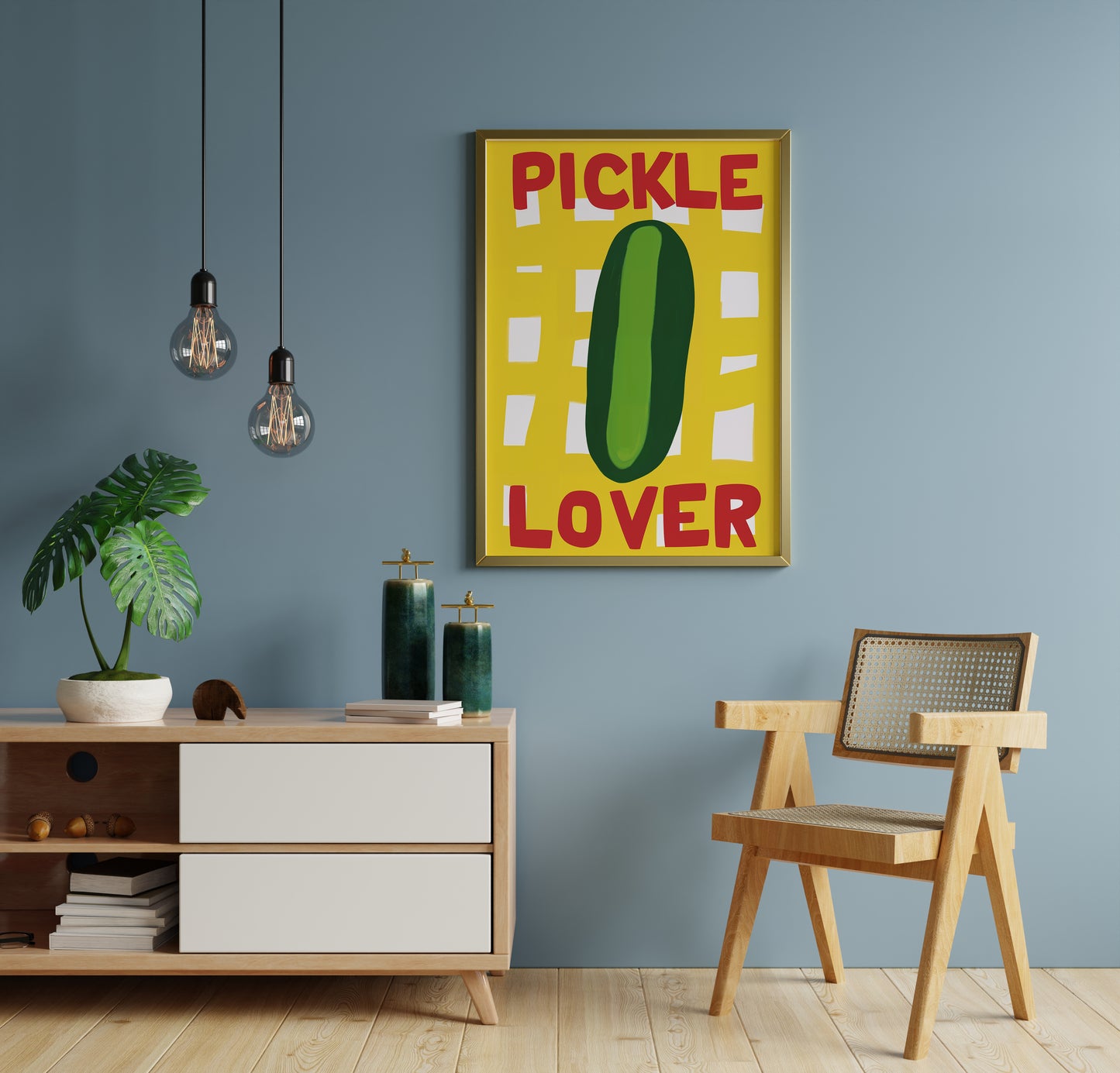 pickle print styled near yellow chair, playful food poster for a quirky corner