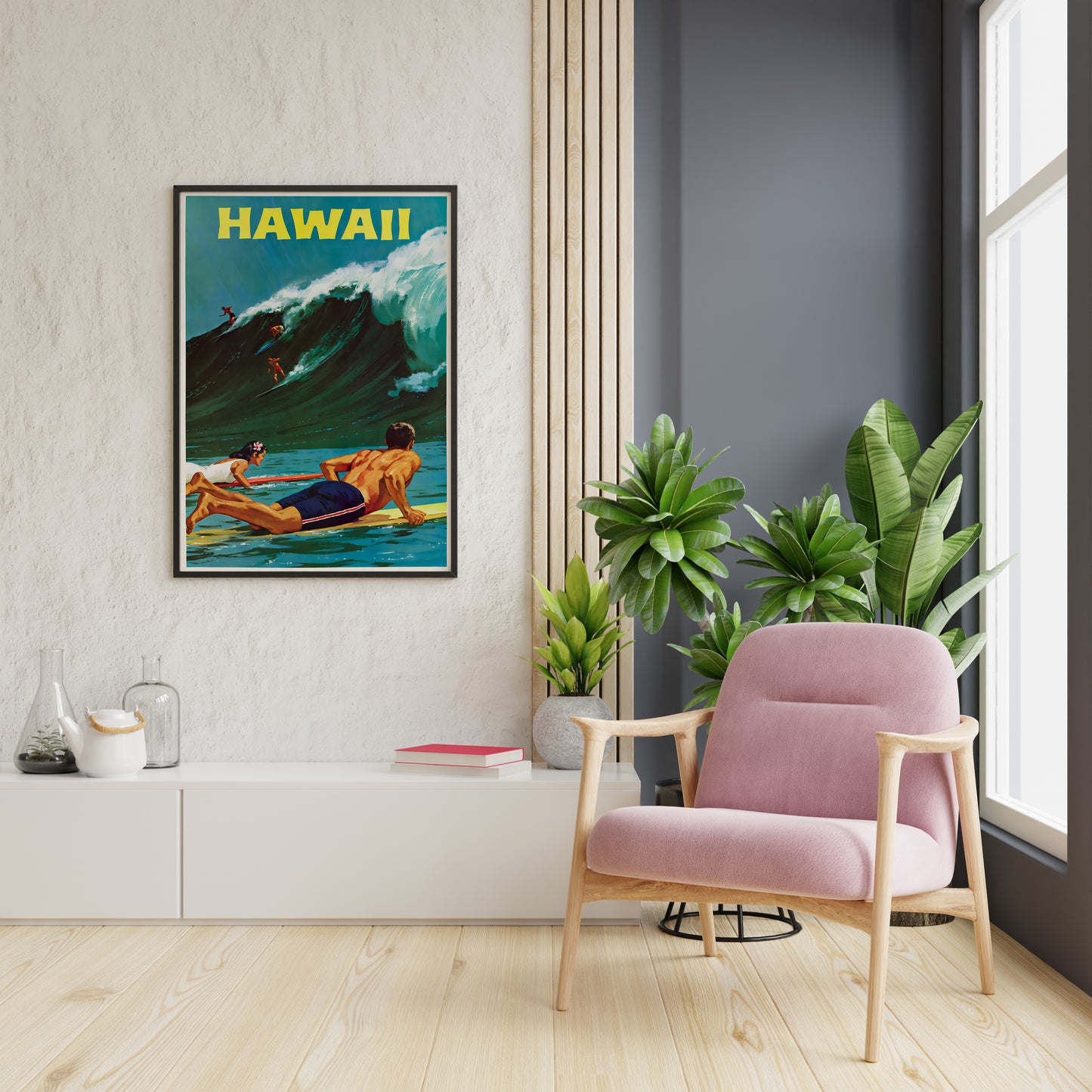 Hawaii Surf Poster | Vintage Big Wave Surfing Art | Living Room Decor
