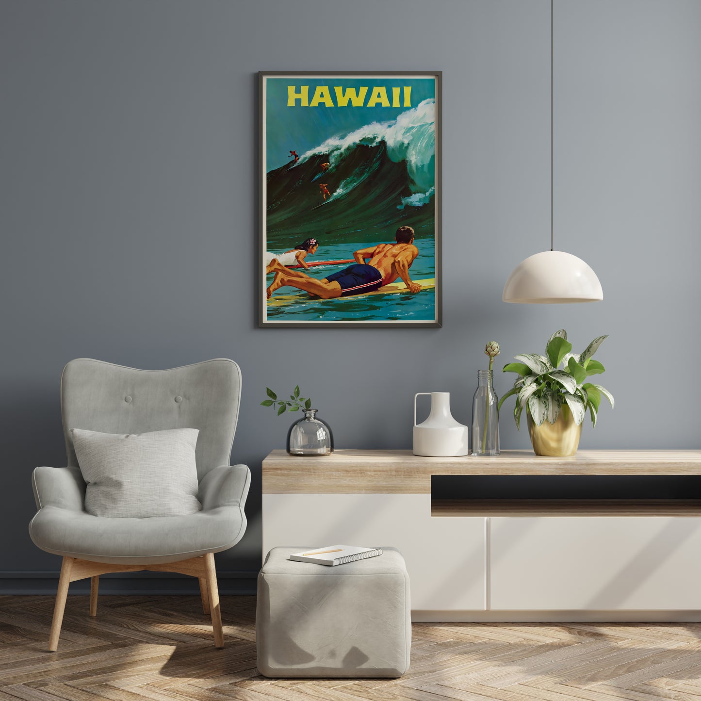 Hawaii Surf Poster | Vintage Big Wave Surfing Art | Living Room Decor