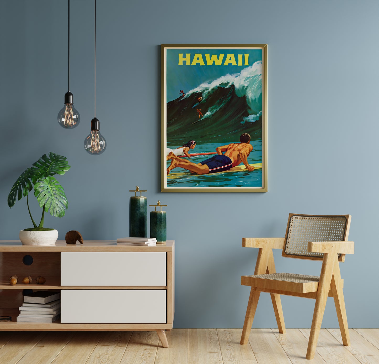 Hawaii Surf Poster | Vintage Big Wave Surfing Art | Living Room Decor