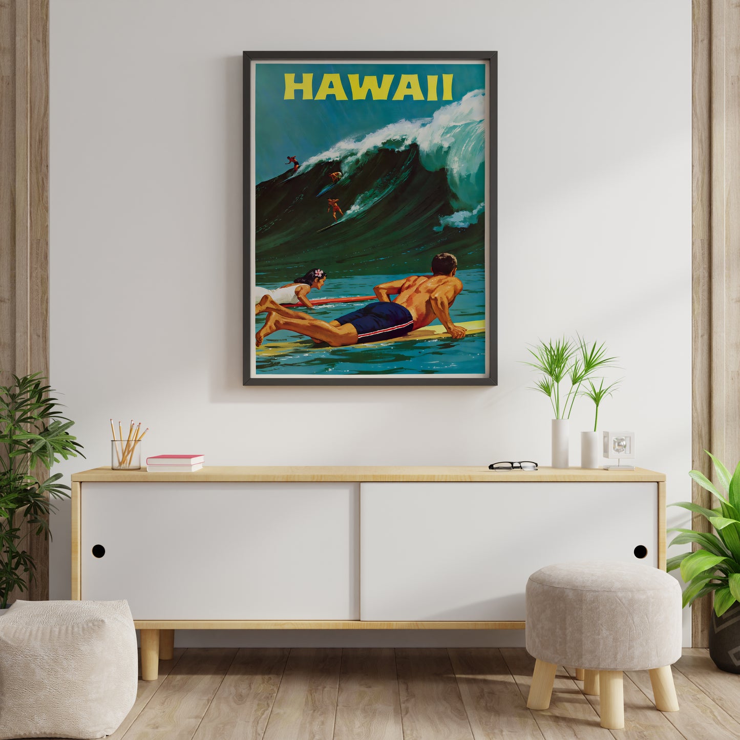 Hawaii Surf Poster | Vintage Big Wave Surfing Art | Living Room Decor