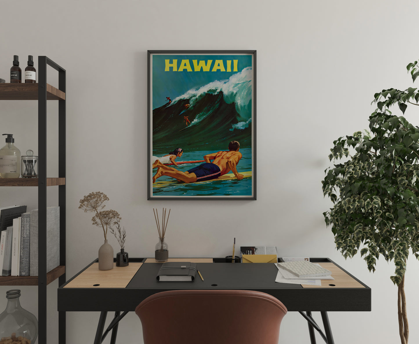 Hawaii Surf Poster | Vintage Big Wave Surfing Art | Living Room Decor