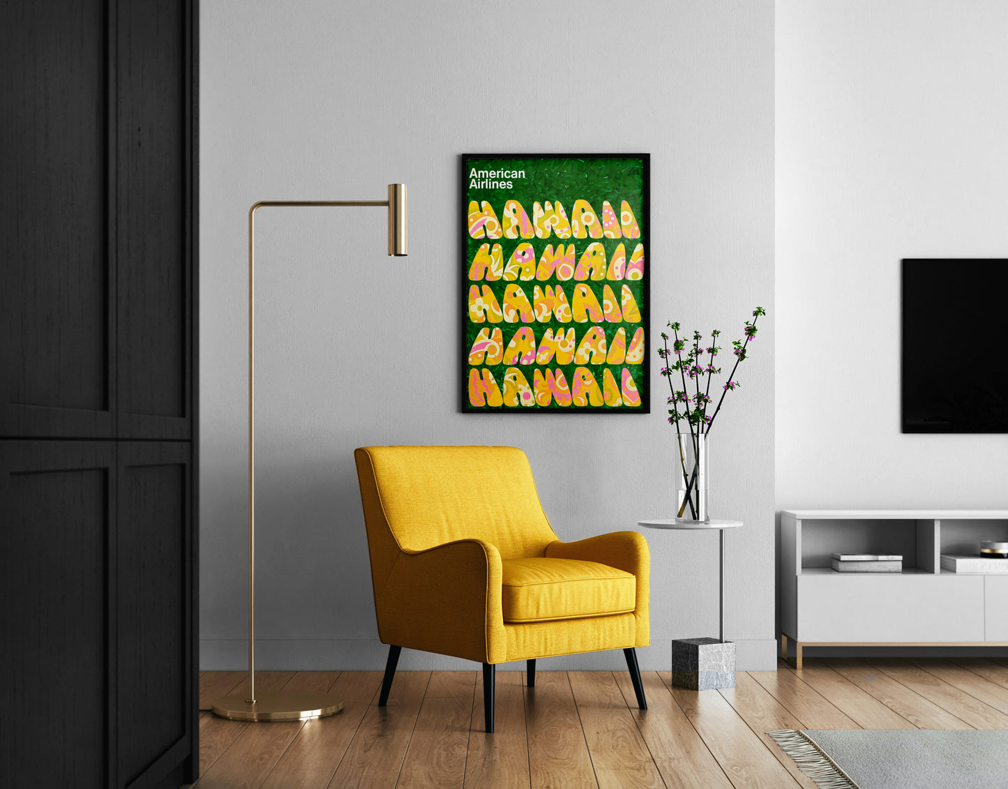 Hawaii wall art above sideboard for a colorful living room focal point