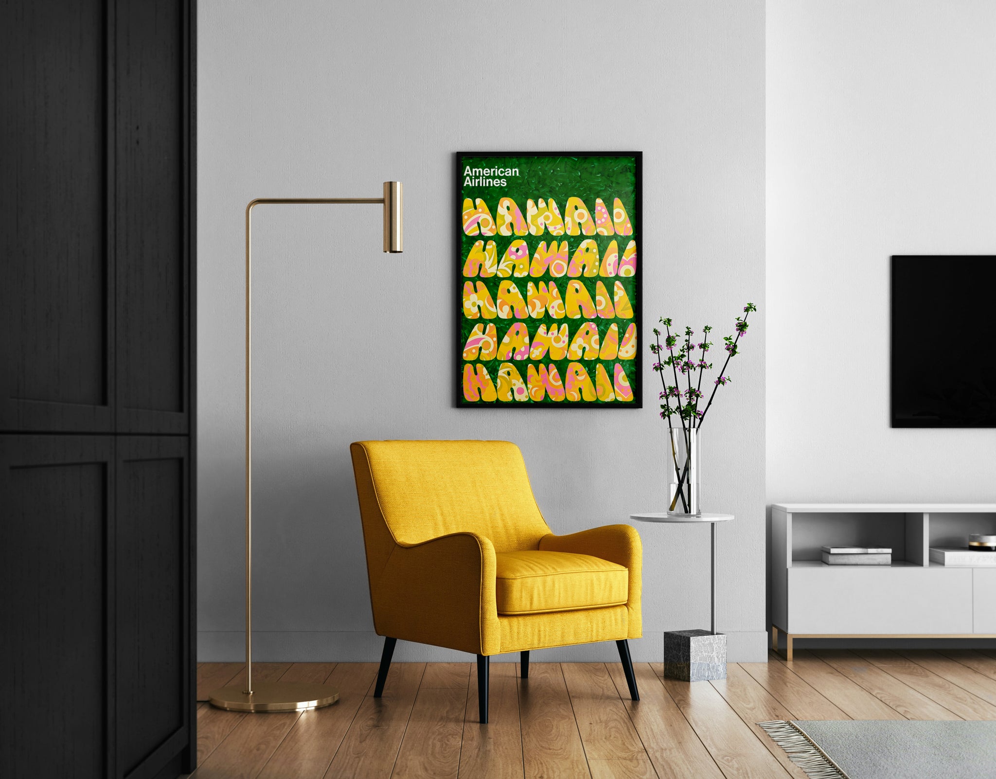 Hawaii wall art above sideboard for a colorful living room focal point