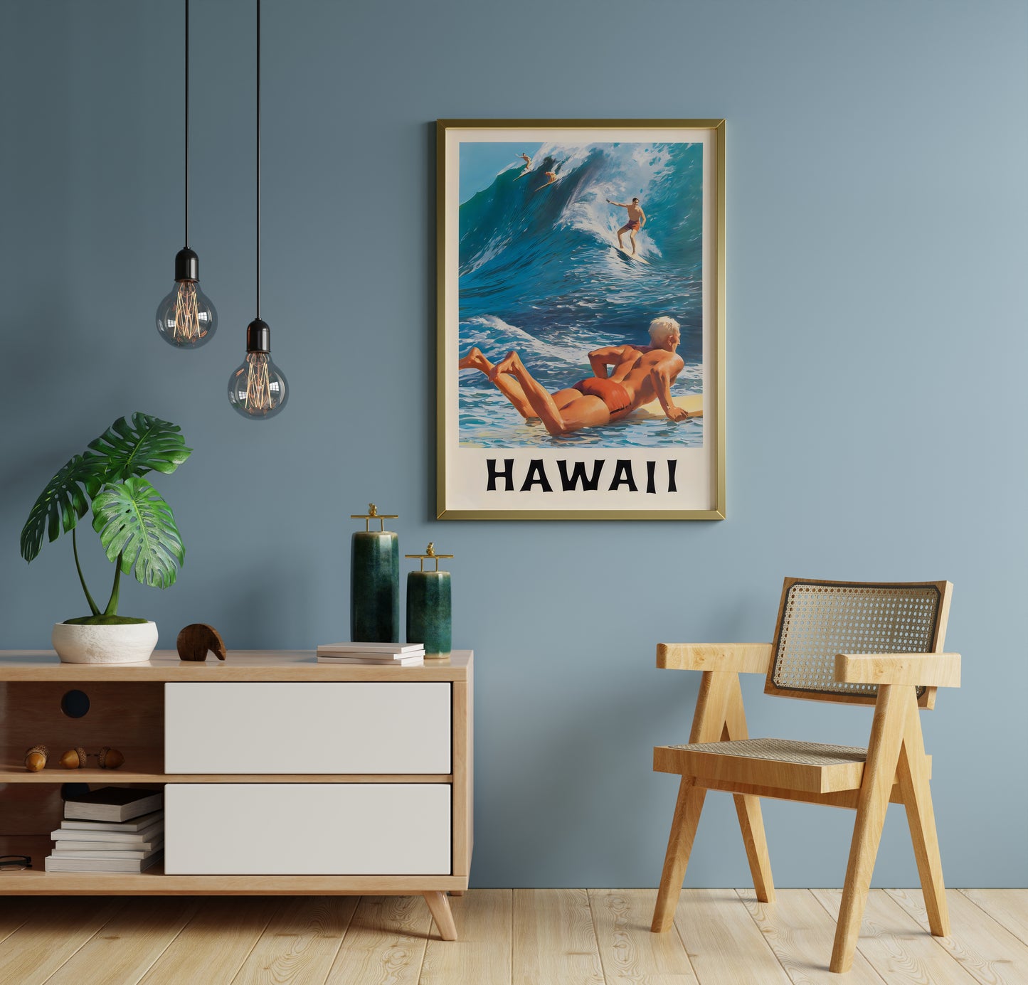 Hawaii Surf Poster | Vintage Surfing Travel Art | Living Room Wall Decor