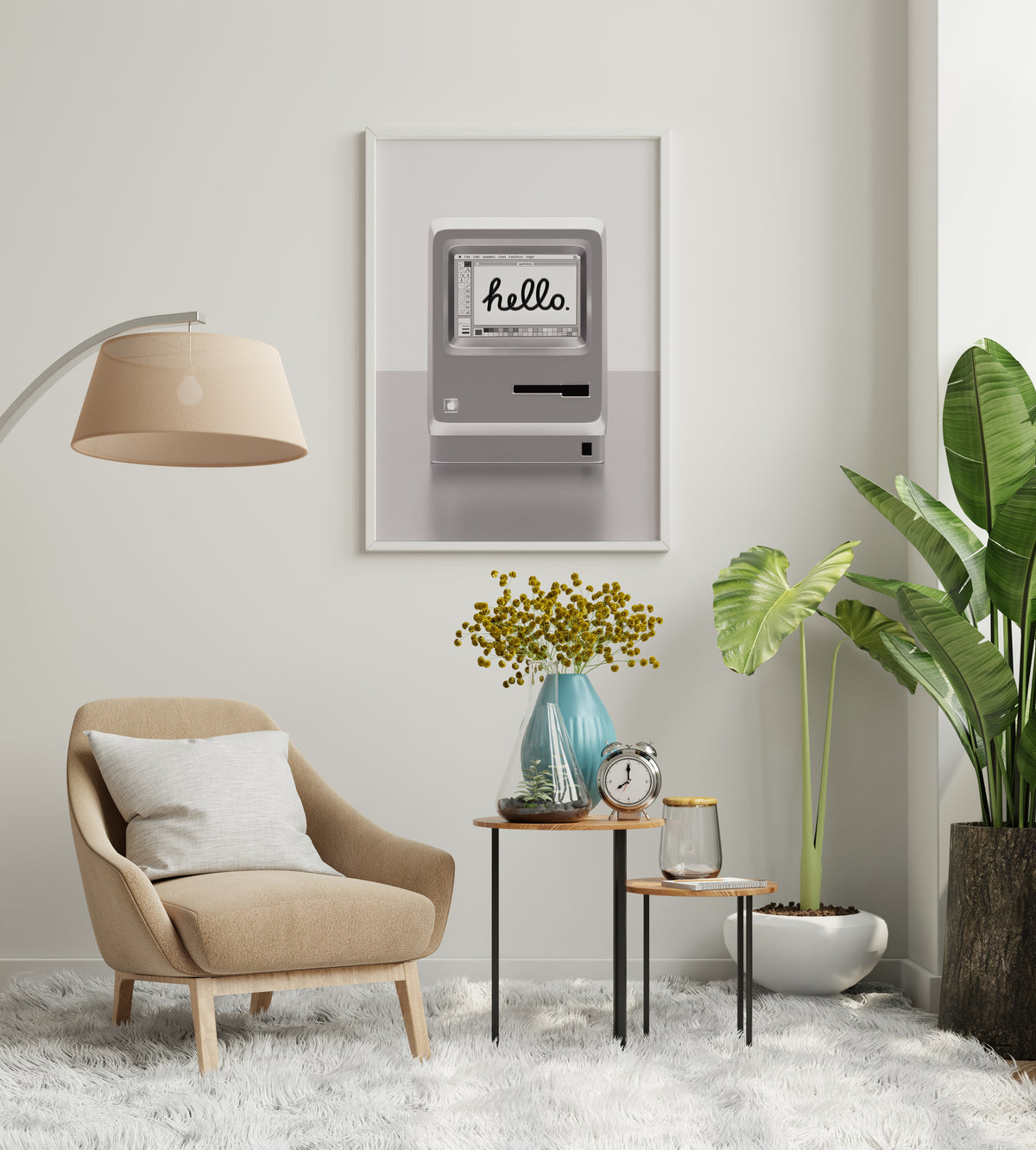 vintage grey computer terminal poster with hello text displayed on screen