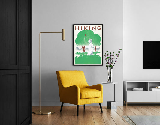 Hiking adventure wall art featuring a lone walker and green woodland scene in a modern reading corner.