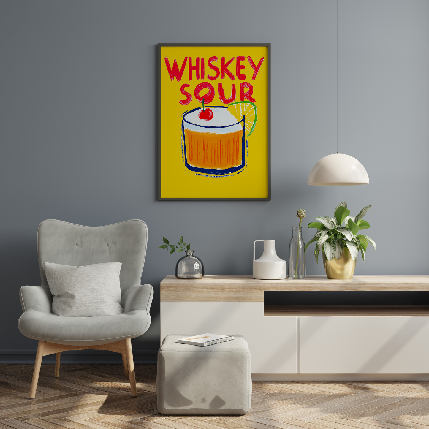 Home bar wall decor with bold whiskey sour cocktail print
