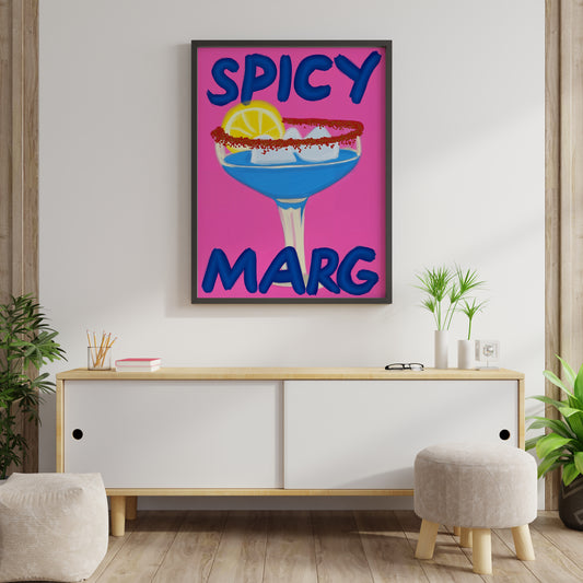 Spicy margarita print with blue drink and lemon garnish displayed in a styled interior