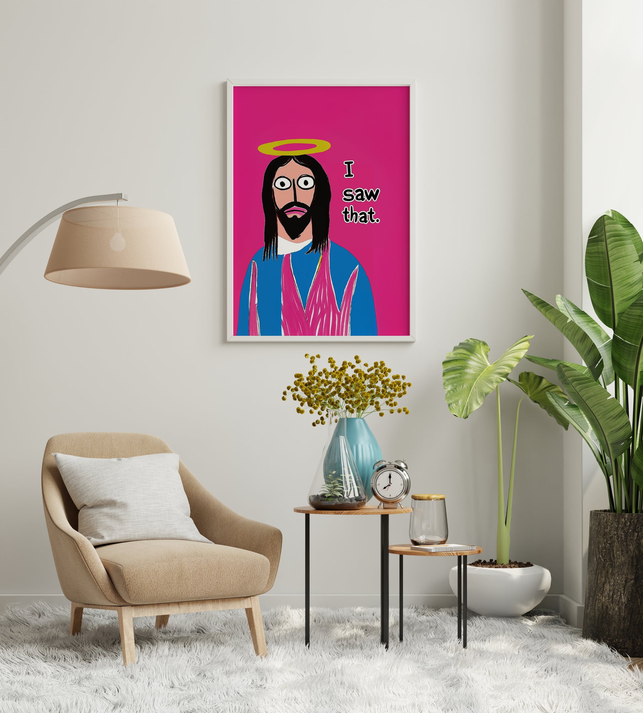 Humorous wall art creating a focal point in a cozy room