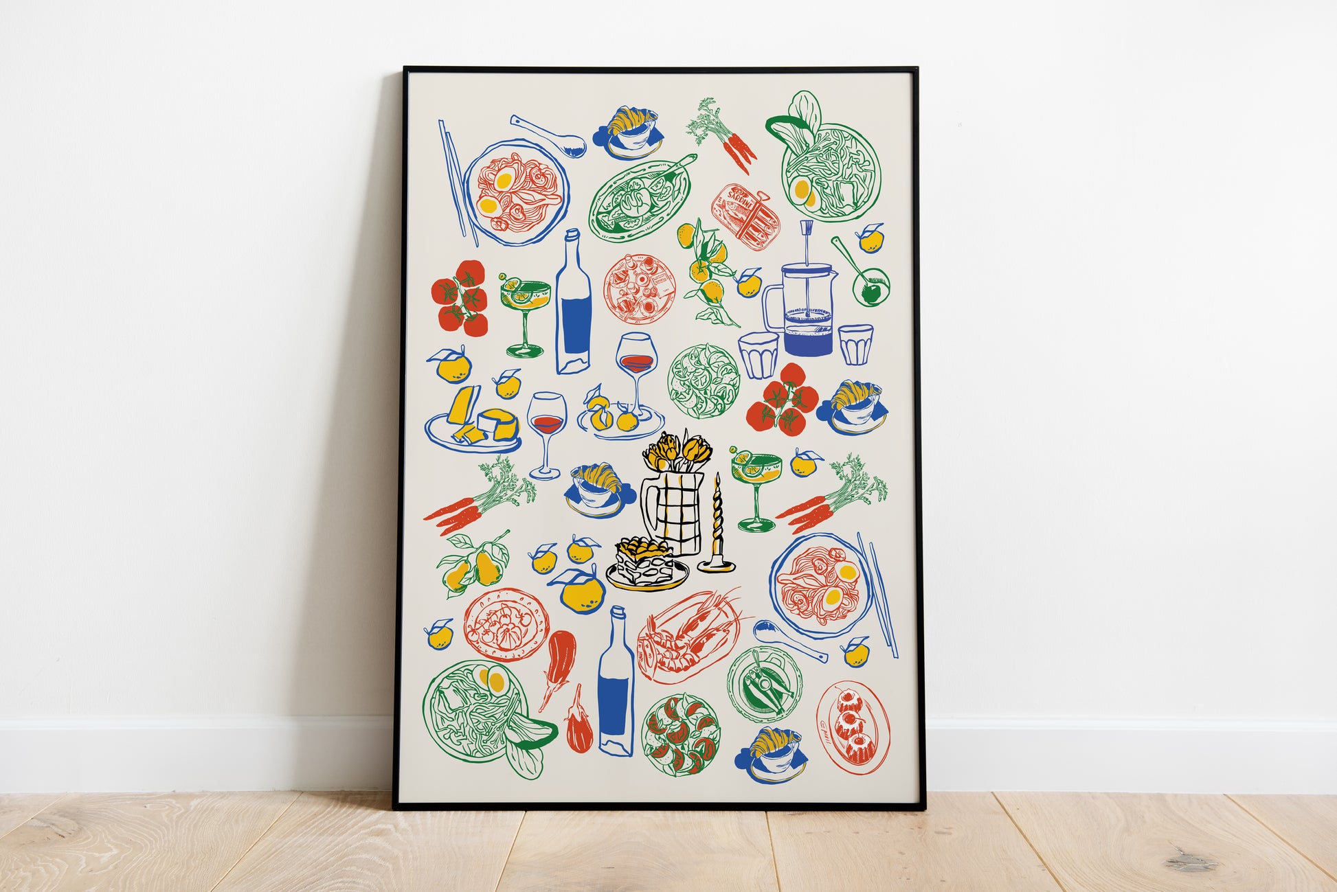 Italian kitchen wall art in retro Mediterranean illustration style featuring pasta wine lemons and seafood in red green blue yellow tones on light beige background