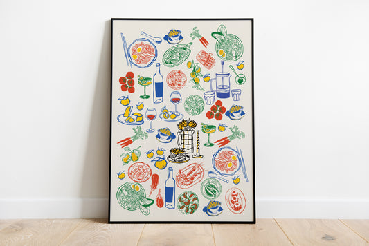 Italian kitchen wall art in retro Mediterranean illustration style featuring pasta wine lemons and seafood in red green blue yellow tones on light beige background