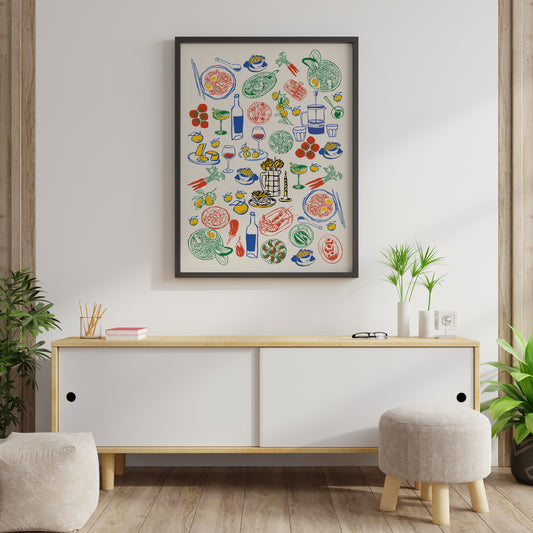 Italian kitchen wall art with hand drawn Mediterranean food including pasta plates tomatoes citrus and wine glasses in red green blue yellow on light beige background