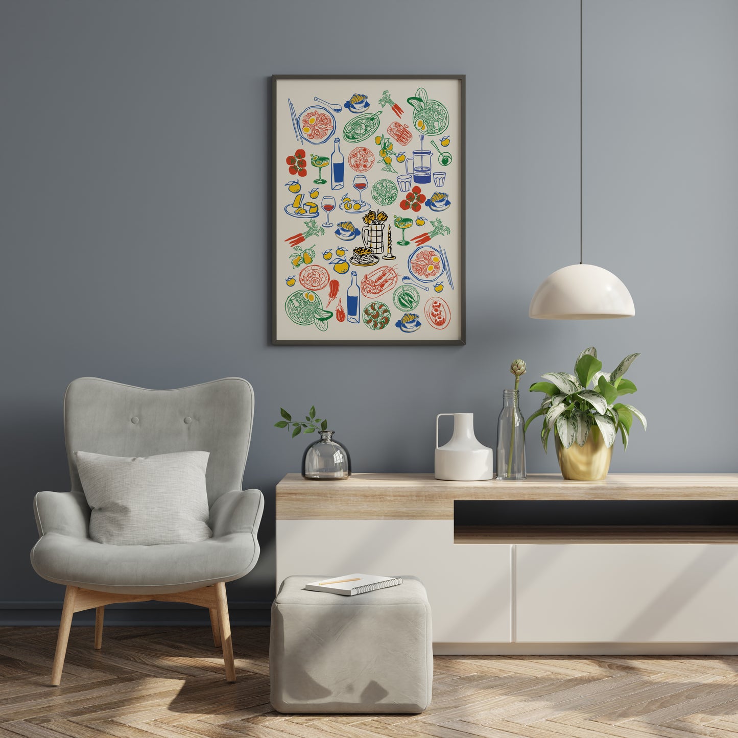 Italian kitchen wall art featuring pasta bowls seafood lemons olives and wine bottle in red green blue yellow retro Mediterranean illustration on light beige background