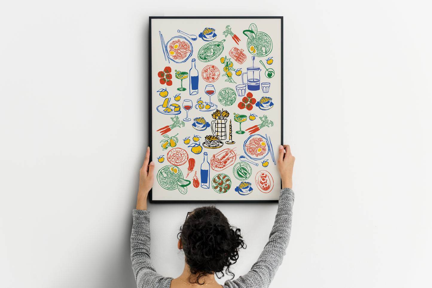 Italian kitchen wall art in colorful retro Mediterranean illustration style showing Italian food wine and fresh ingredients on light beige background