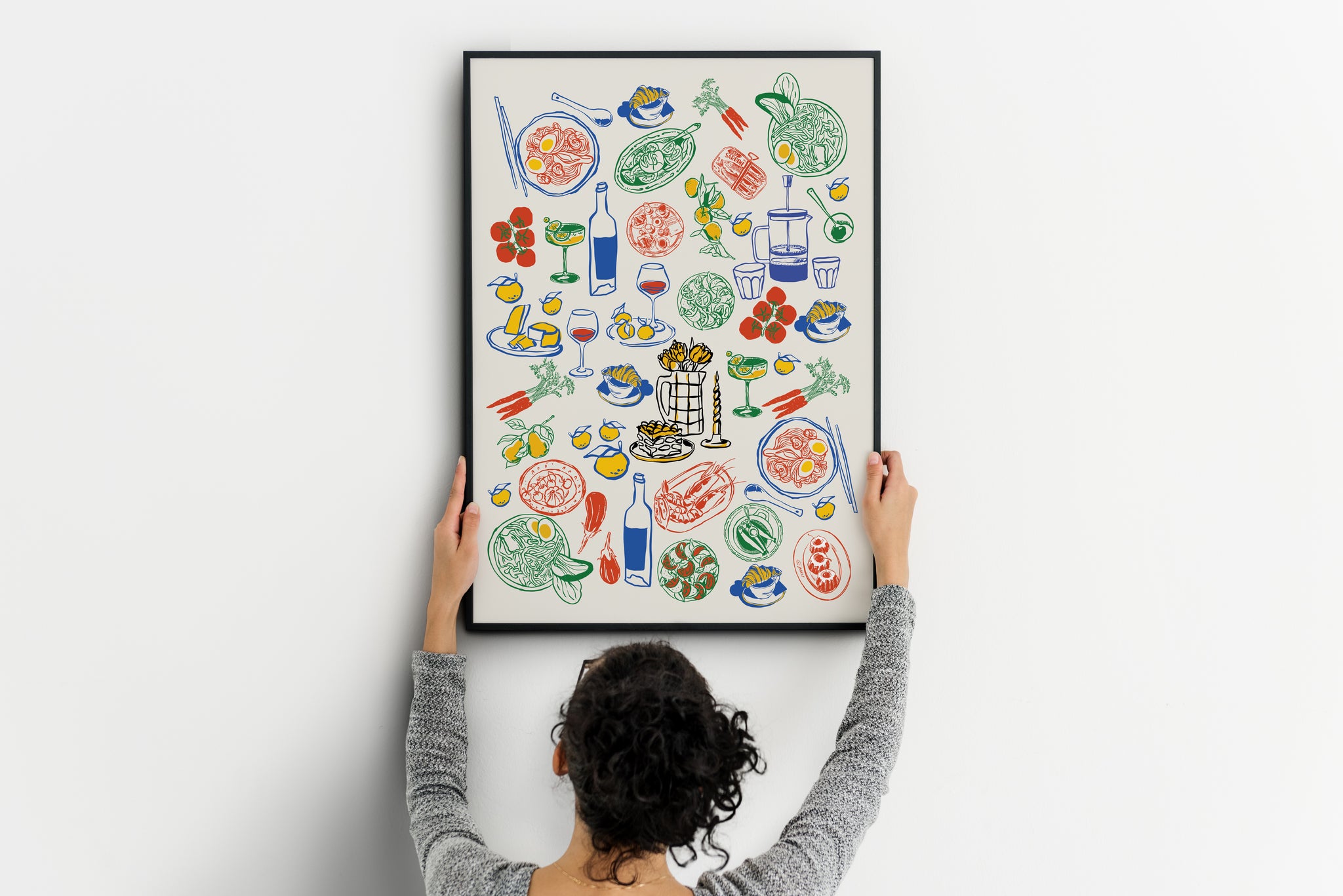 Italian kitchen wall art in colorful retro Mediterranean illustration style showing Italian food wine and fresh ingredients on light beige background