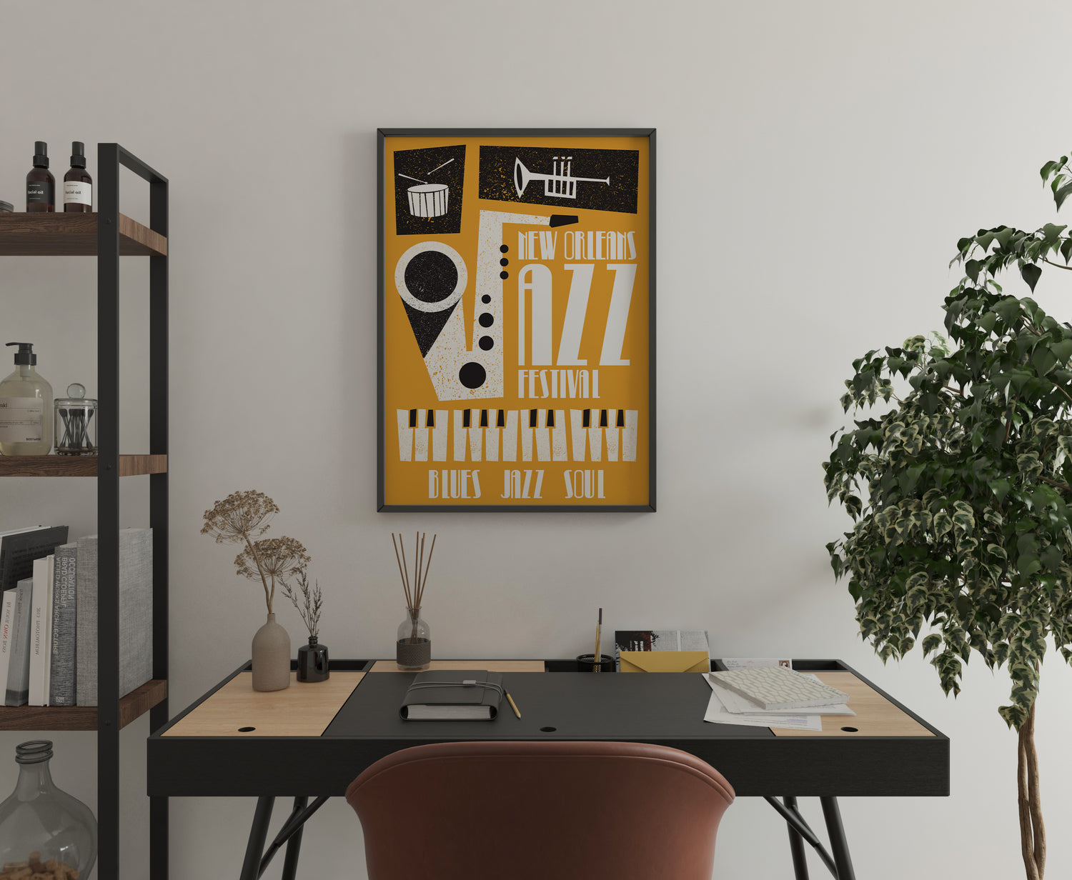 Jazz festival print with bold saxophone form and blues jazz soul typography