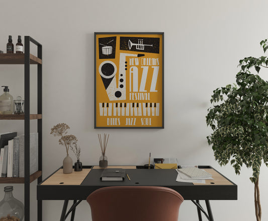 Jazz festival print with bold saxophone form and blues jazz soul typography