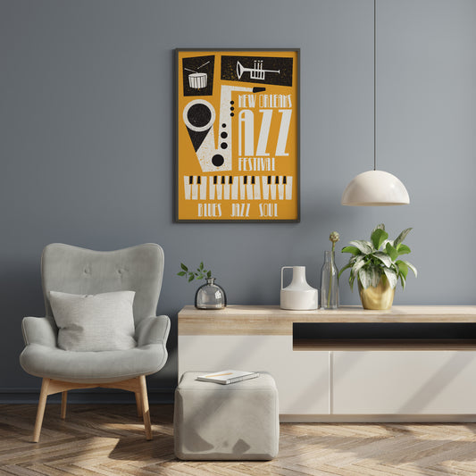 Jazz music poster with oversized saxophone illustration and bold festival lettering