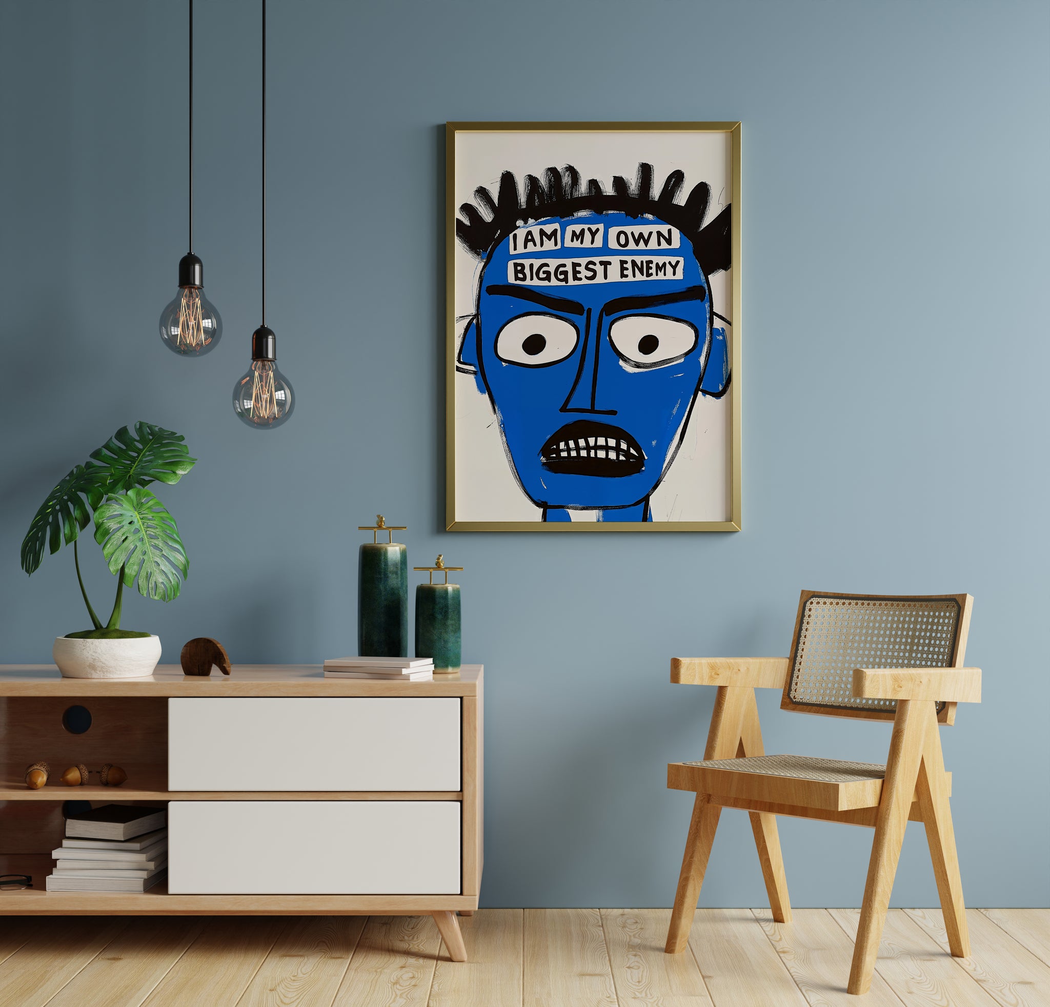 Jean-Michel Basquiat poster for living room, blue face quote wall art