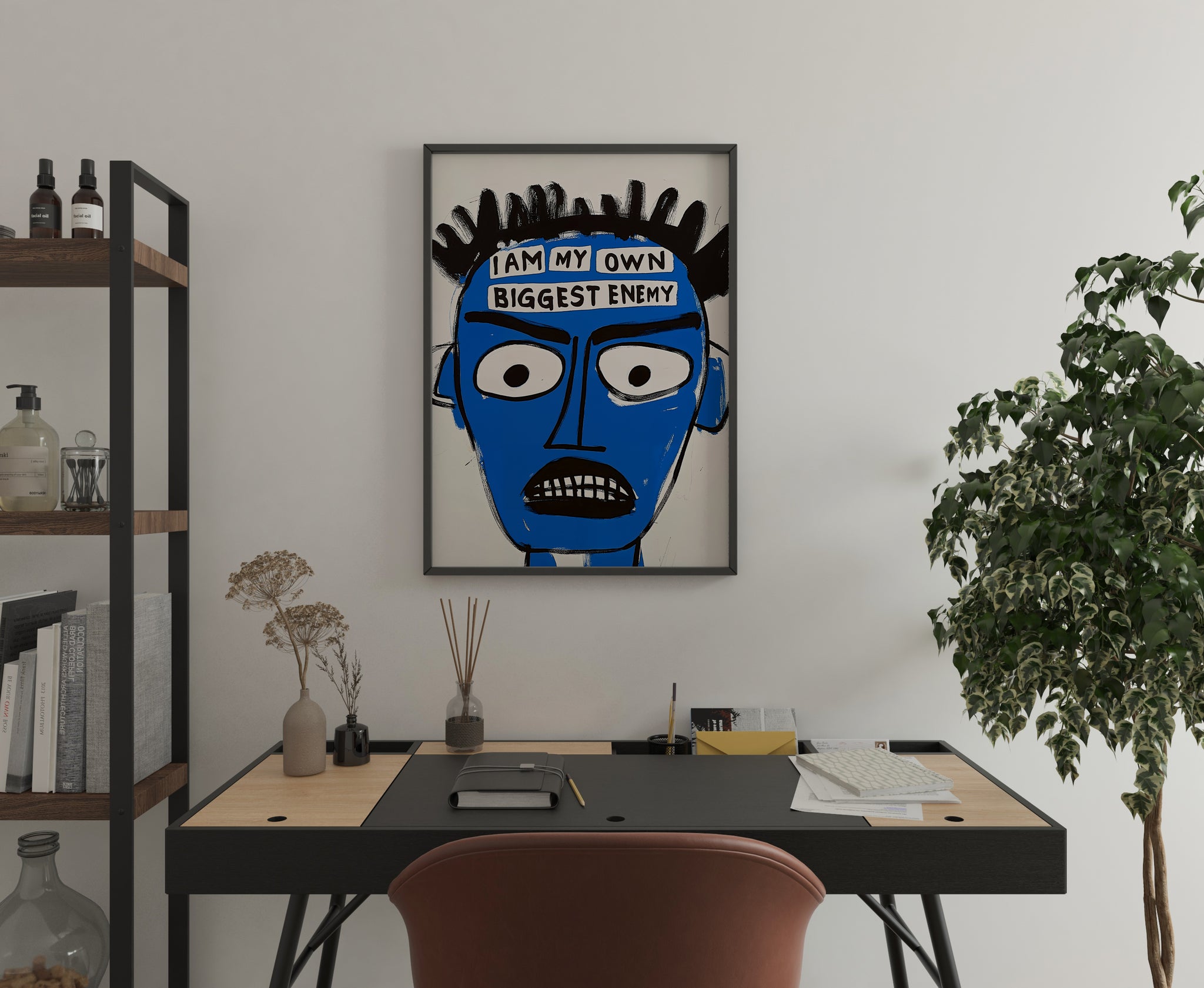 Jean-Michel Basquiat poster above desk, bold blue face wall art for office