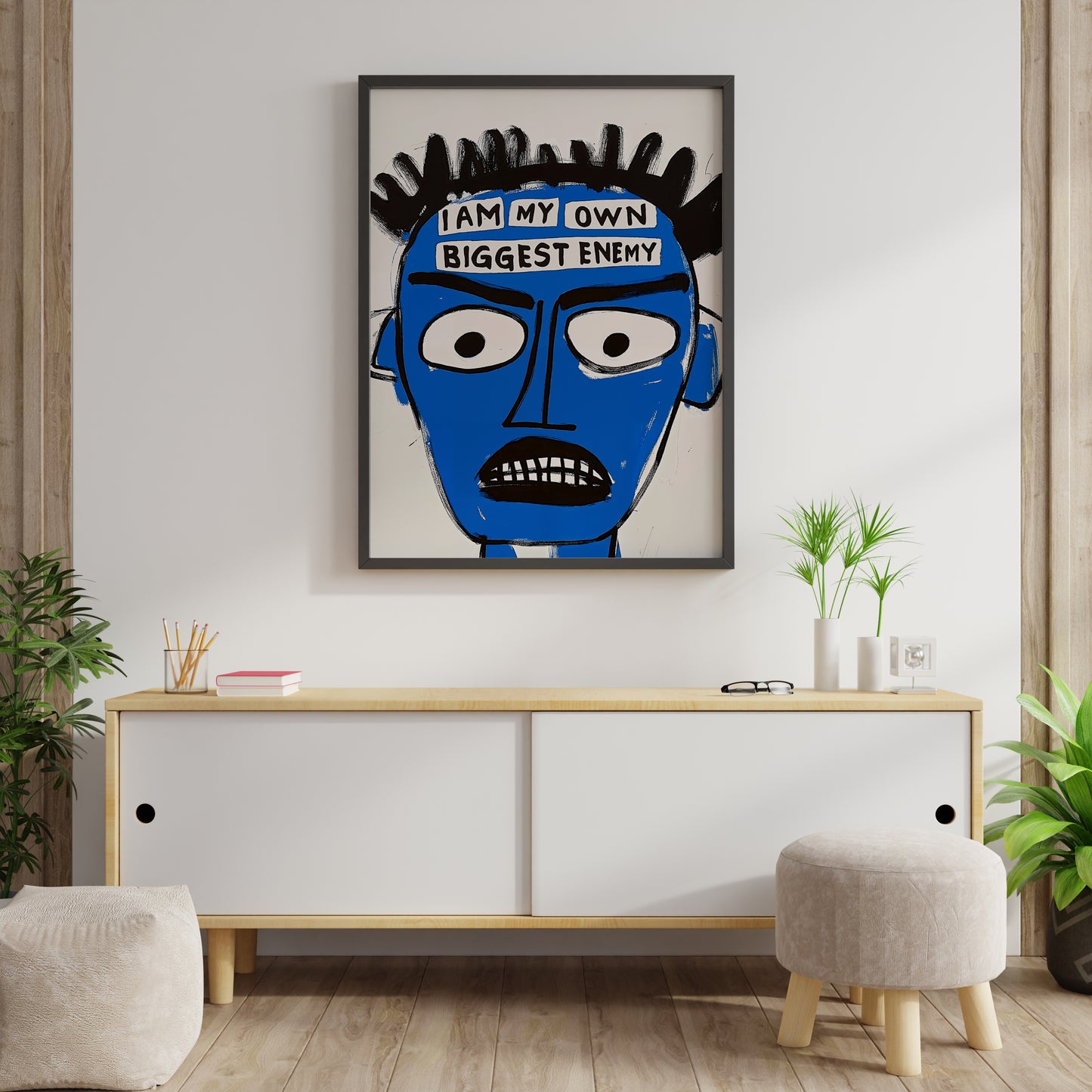 Jean-Michel Basquiat poster with blue abstract face and bold quote typography