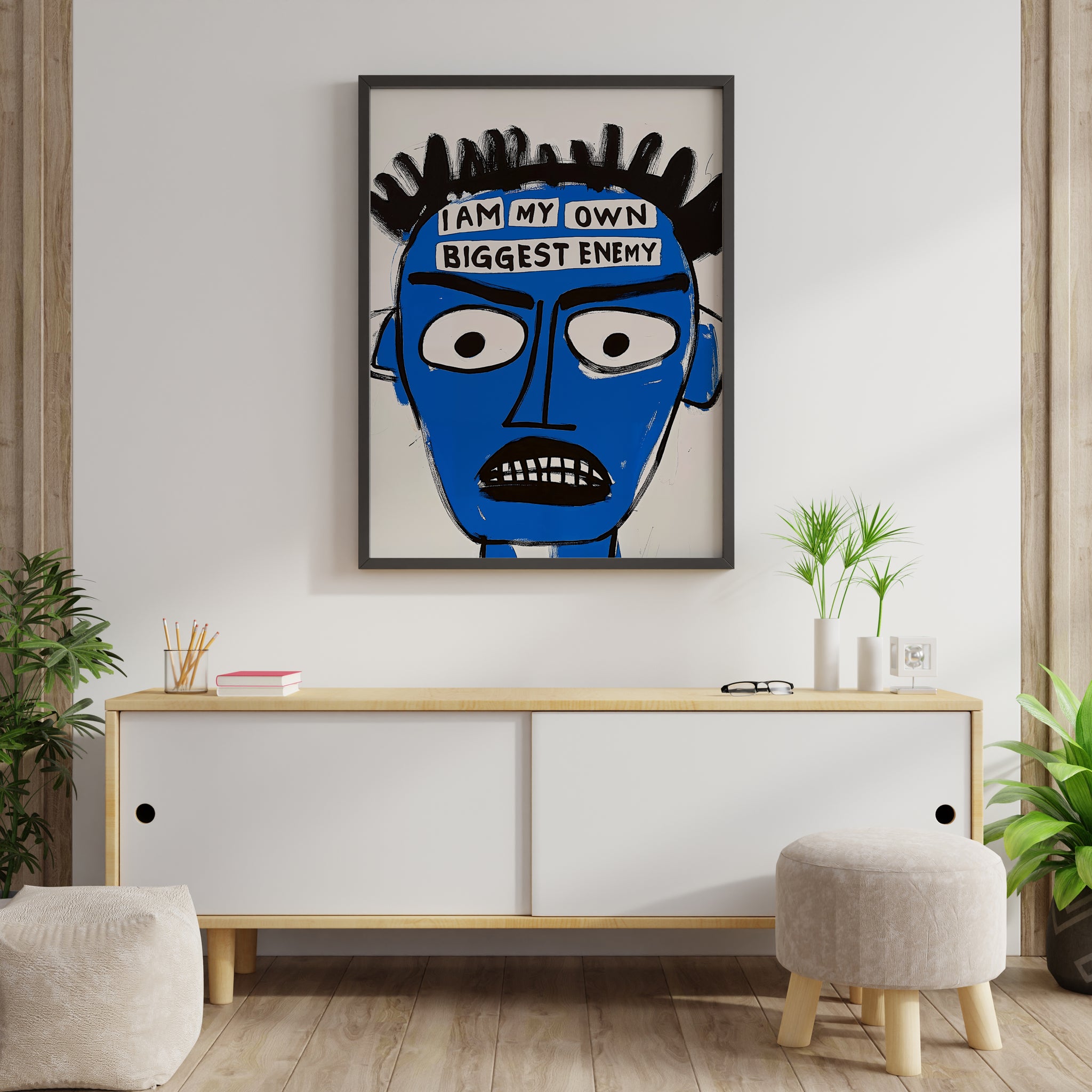 Jean-Michel Basquiat poster with blue abstract face and bold quote typography
