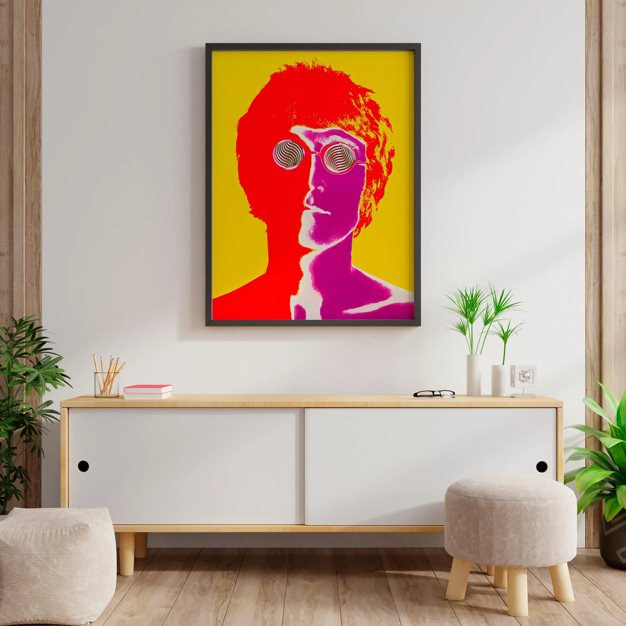 John Lennon pop art poster with bold Beatles-inspired colors for living room wall art