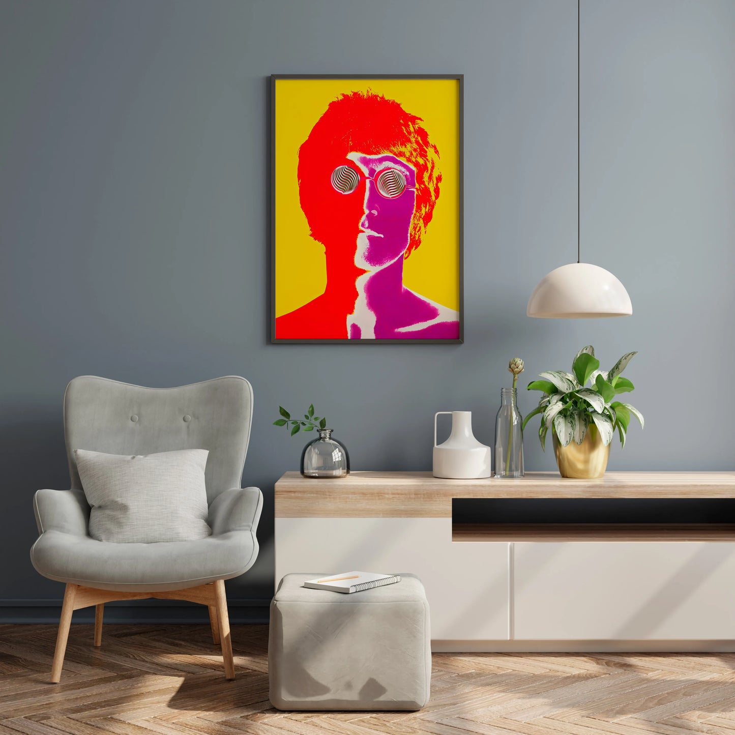 John Lennon wall art with psychedelic pop portrait colors for living room decor
