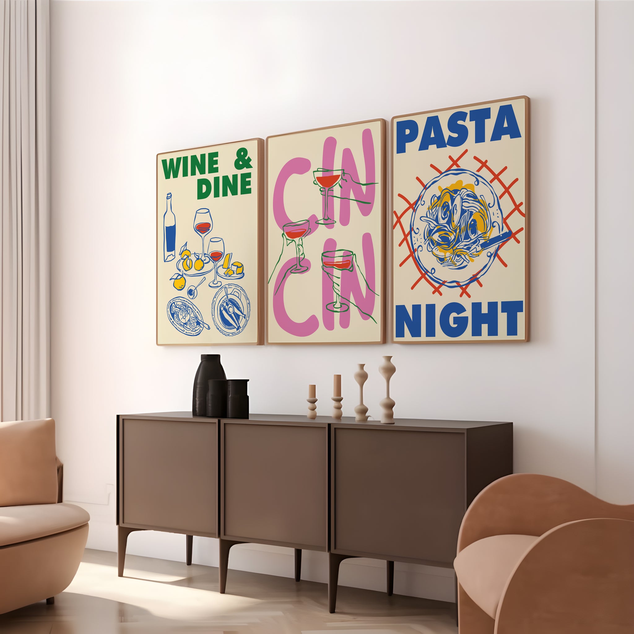 Kitchen gallery wall set featuring Wine & Dine, Chin Chin and Pasta Night posters