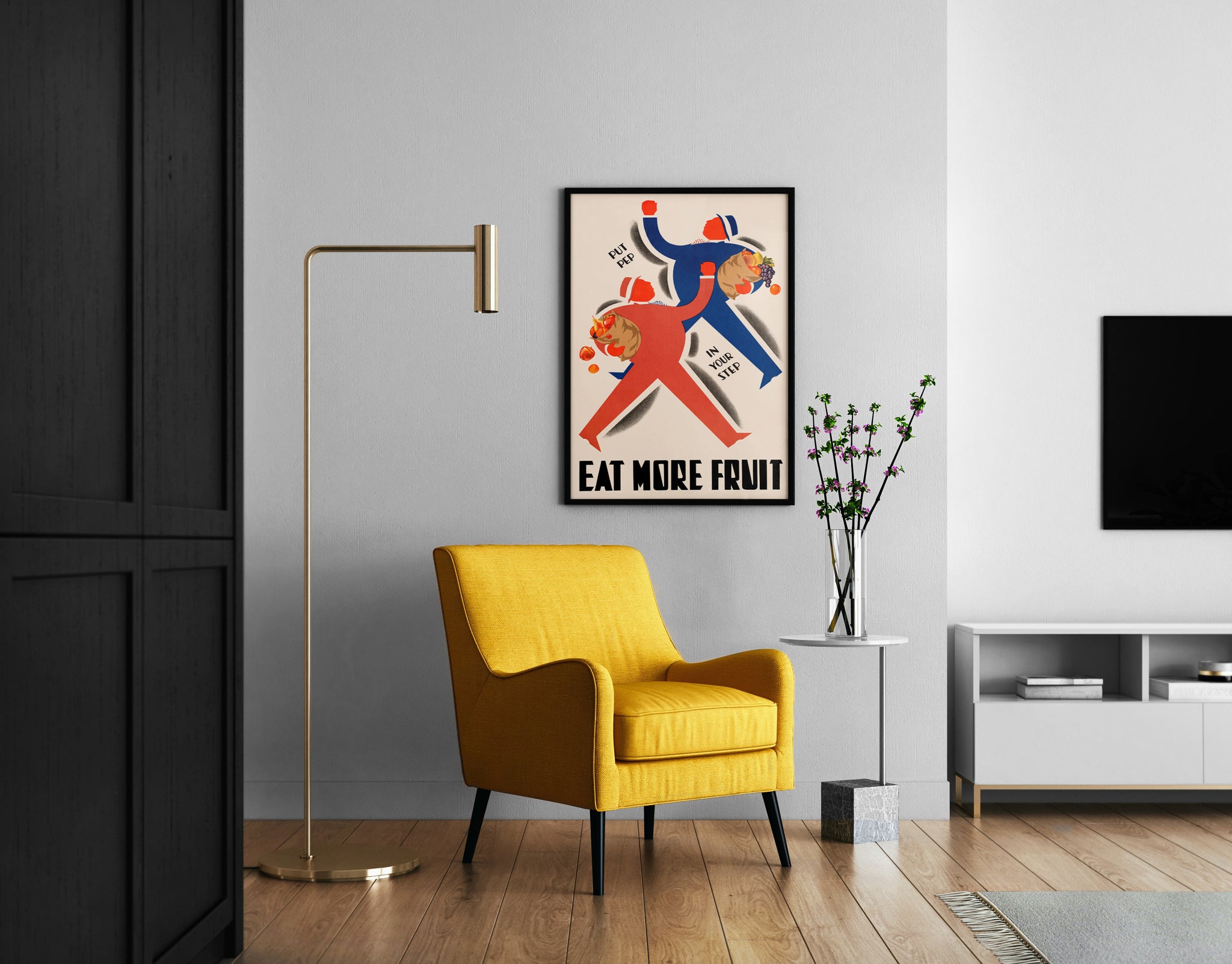 Fruit poster above sideboard for playful kitchen wall art