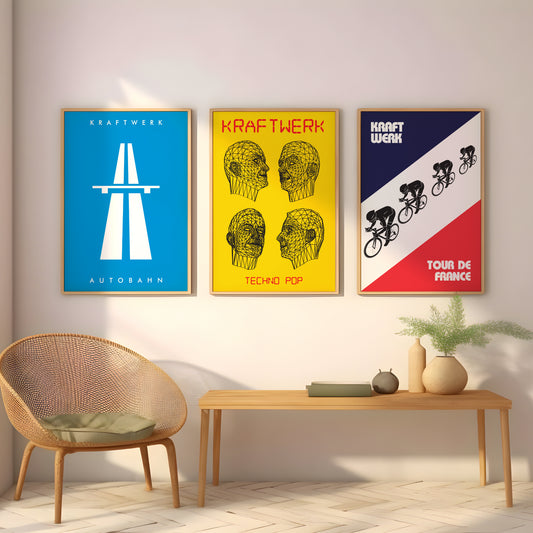 Kraftwerk poster set with three electronic music designs for living room gallery wall art