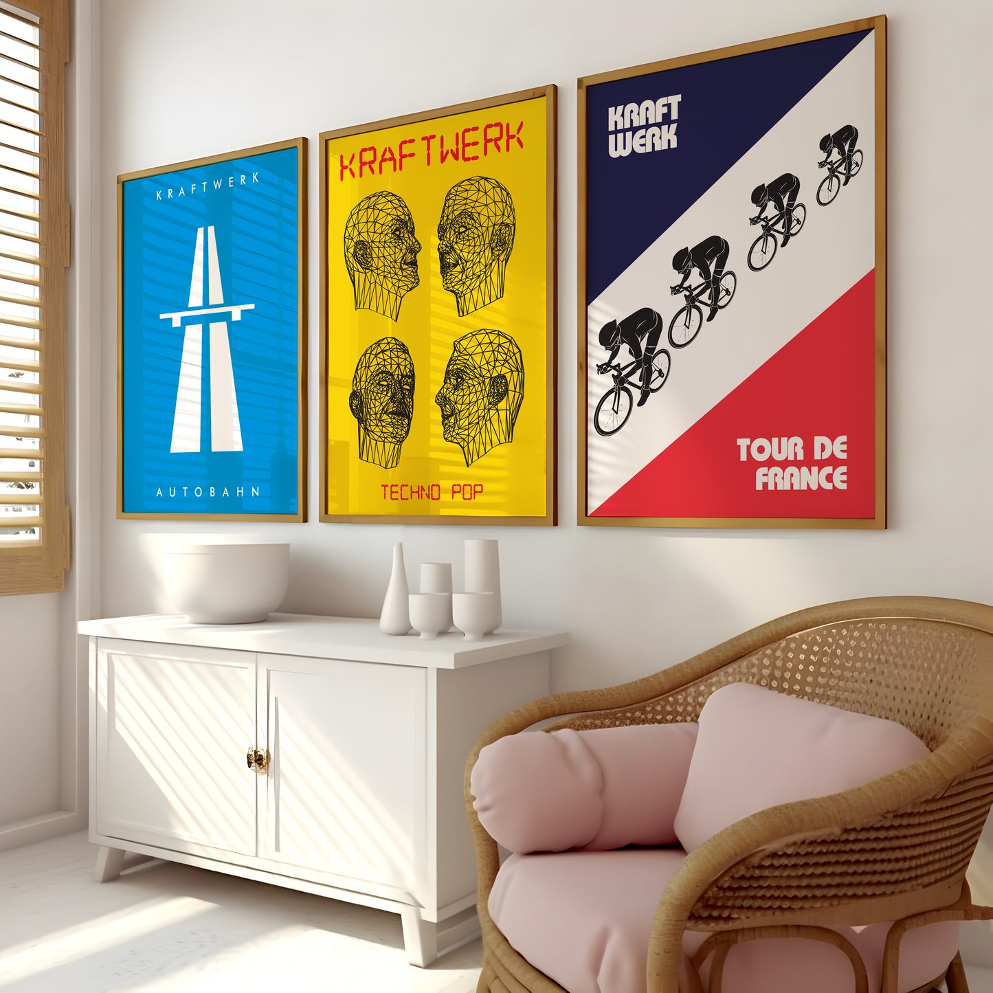 Kraftwerk music poster set with Autobahn, Techno Pop and Tour de France designs for hallway wall art