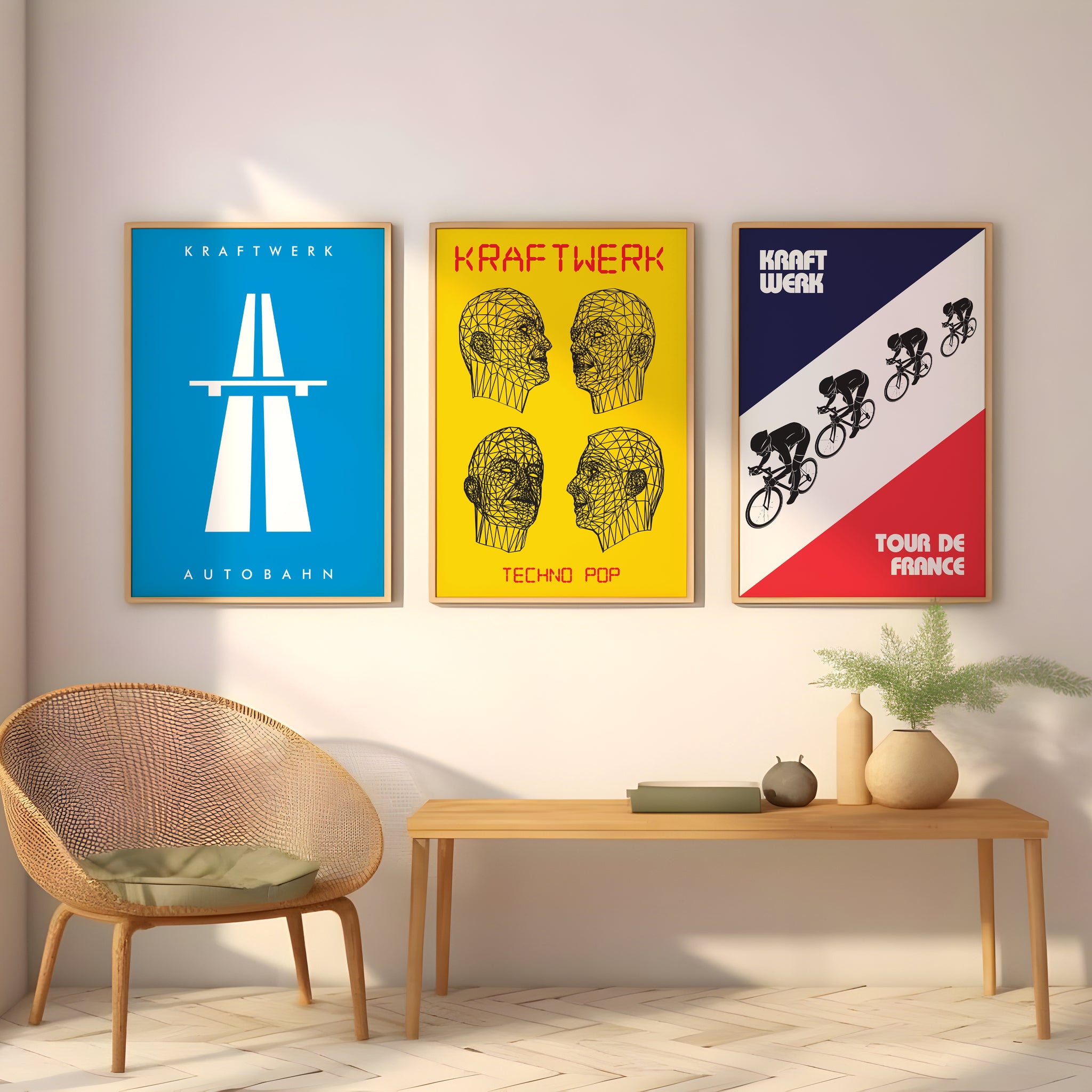 Set of 3 Kraftwerk posters with retro techno graphics for studio wall art