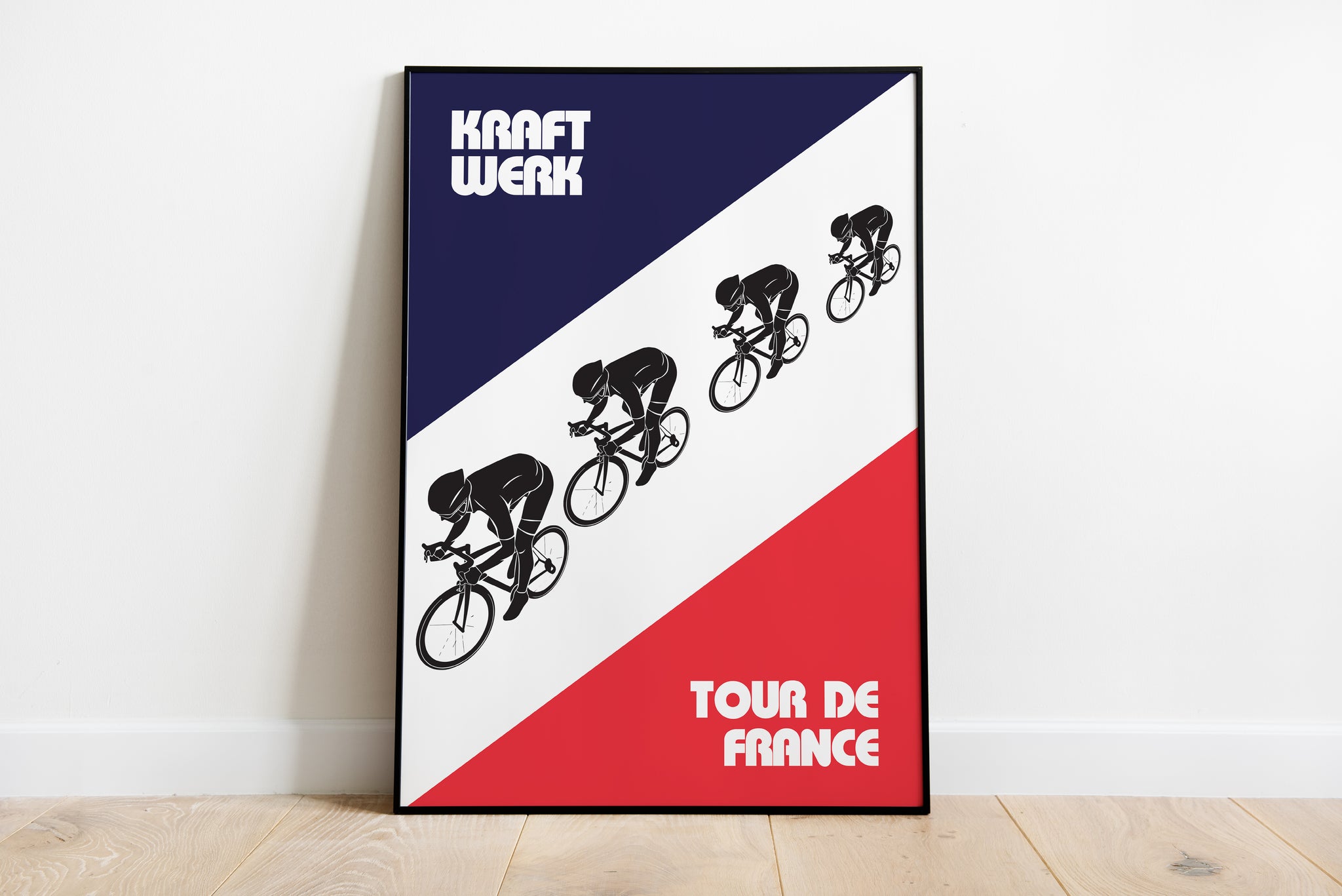 Kraftwerk Tour de France poster with four cyclists and tricolor artwork for studio wall art