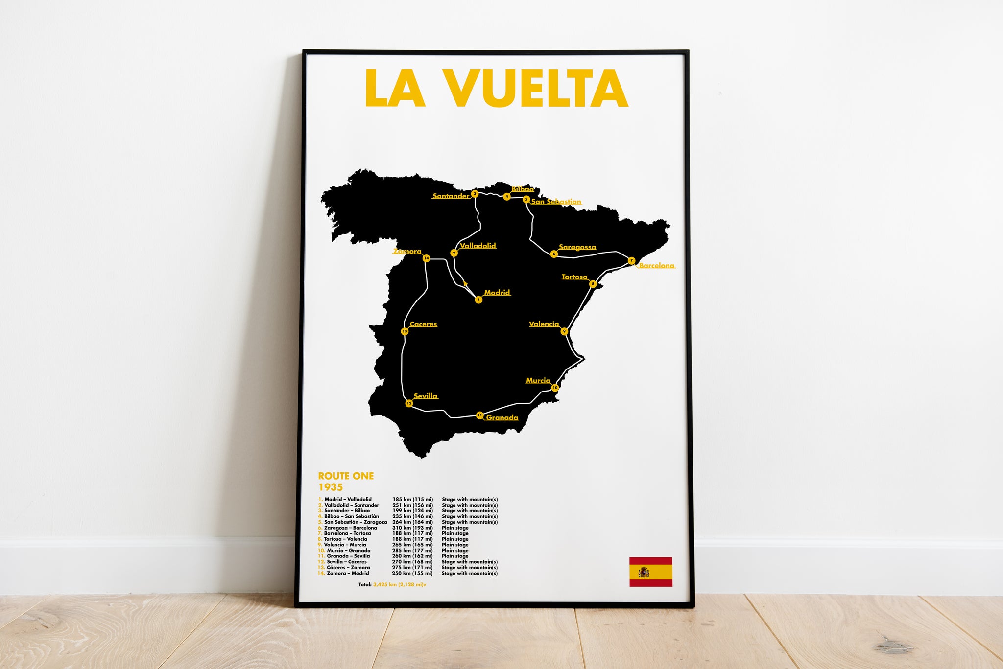 La Vuelta 1935 poster with Spain route map and yellow typography for gallery wall art