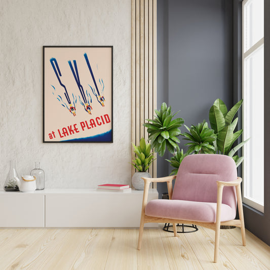 Lake Placid ski artwork with red lettering and blue shadows, displayed in a living room