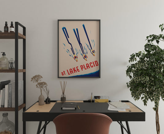 Lake Placid ski poster with three skiers and graphic blue shadows, displayed in a home office