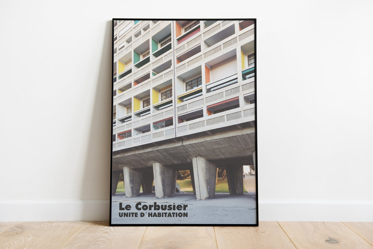 Le Corbusier Unite D'Habitation poster standing on wooden floor