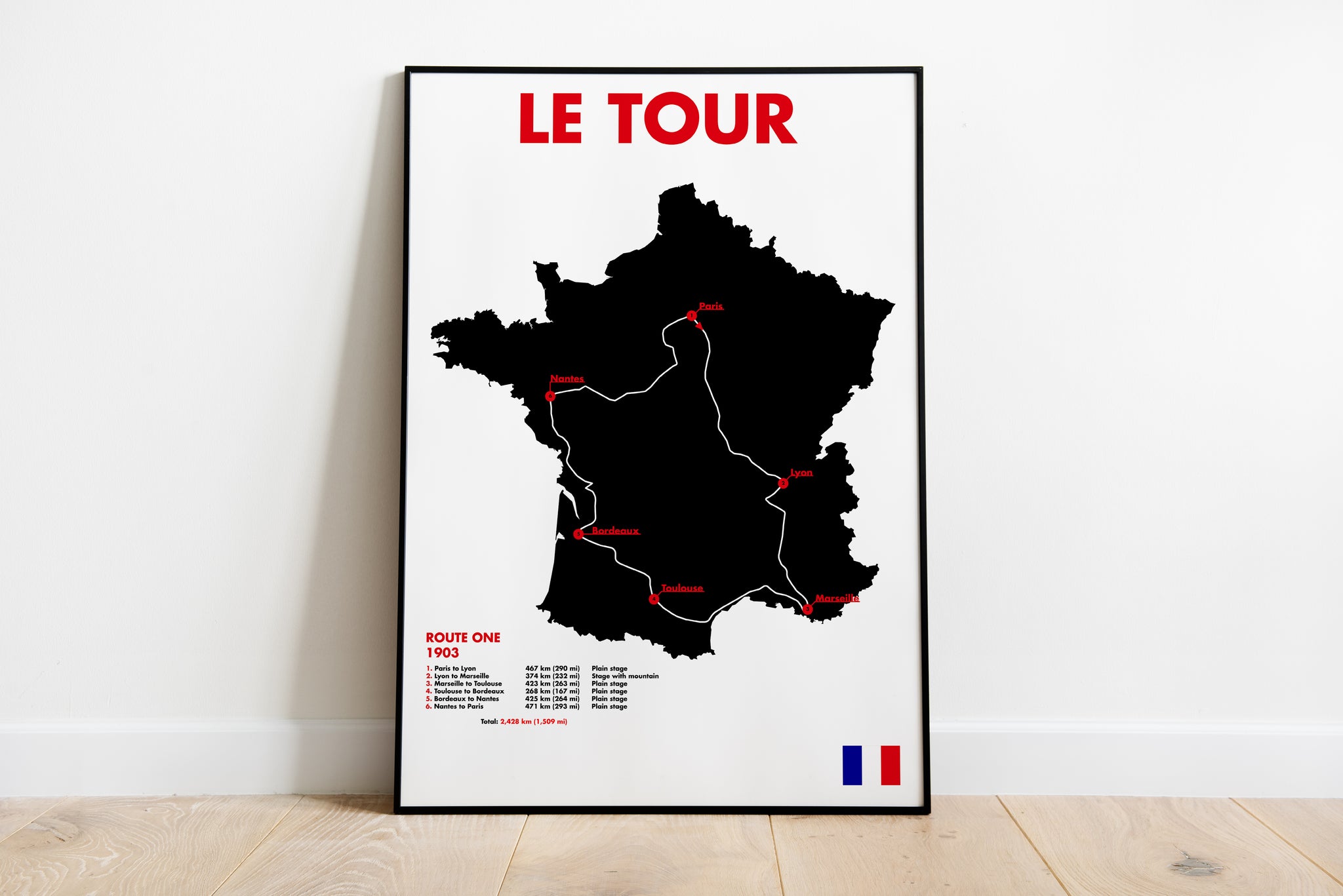 Le Tour 1903 poster with France route map and red typography for sports room wall art