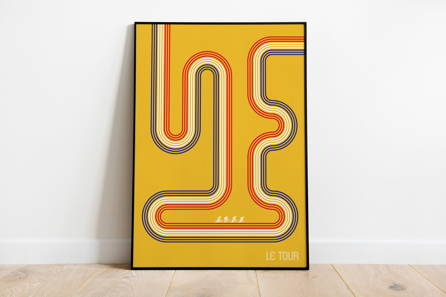 Le Tour poster with yellow abstract cycling route line artwork for sports room wall art