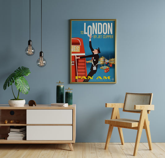 Pan Am London poster with Jet Clipper text, red stairs and uniformed figure in a close product view