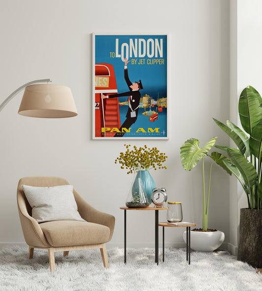 Pan Am London travel poster with bold typography and red stairs shown in a living room