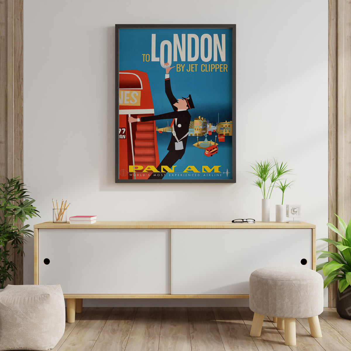 London by Jet Clipper poster with large white lettering and city scene shown in a living room