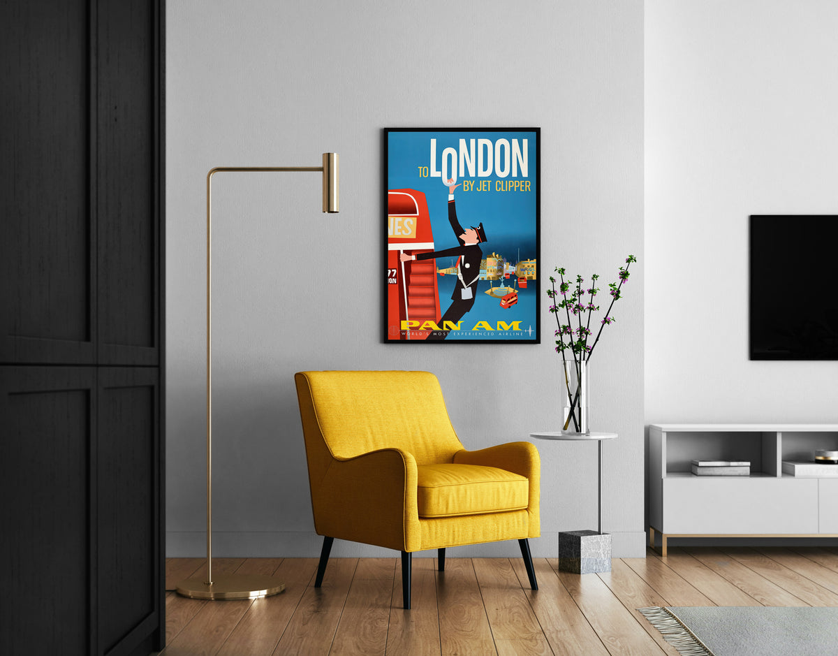 Pan Am London travel art with blue background and bold typography shown in a living room