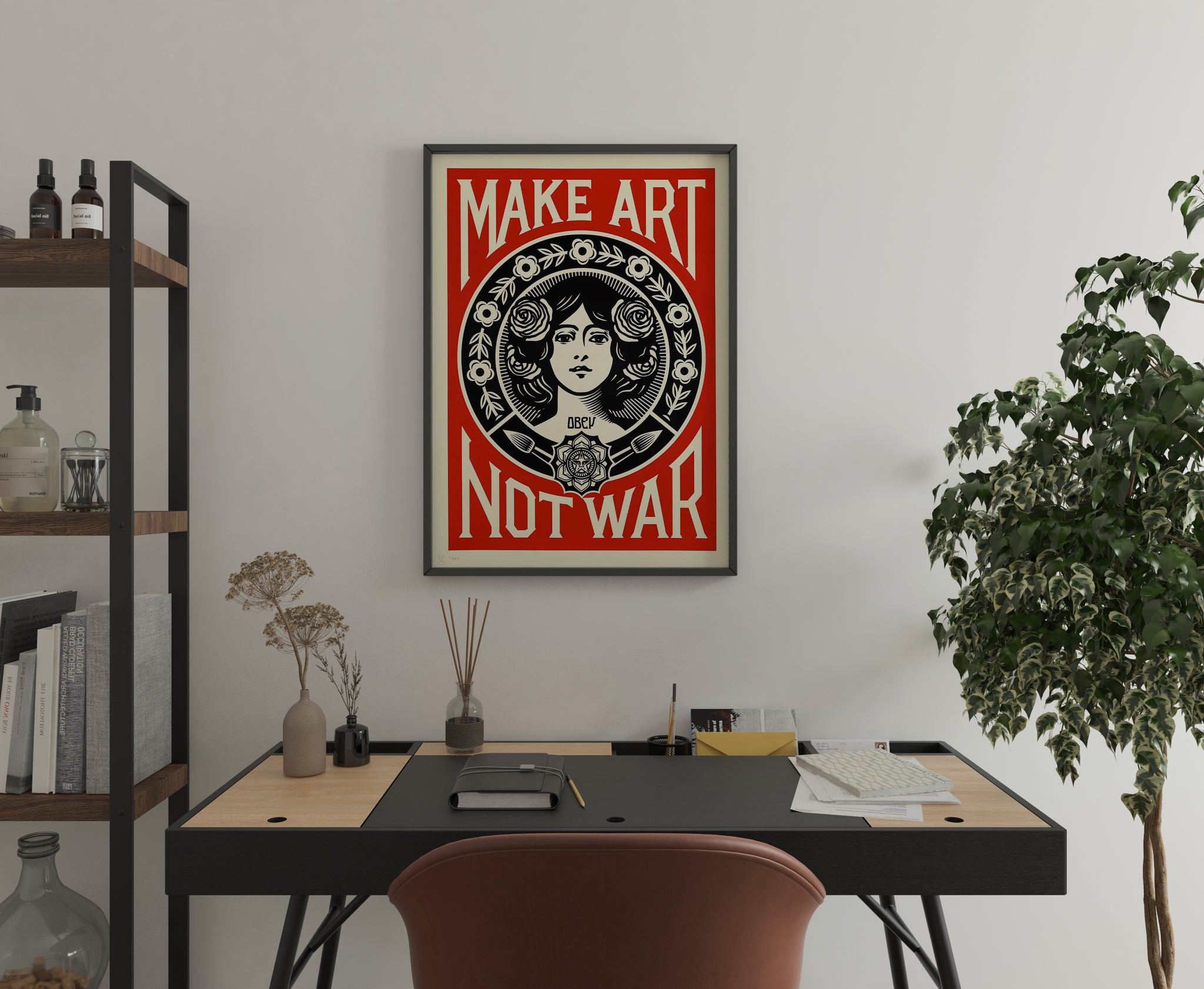 Make Art Not War poster with red protest graphics displayed above a modern home office desk.