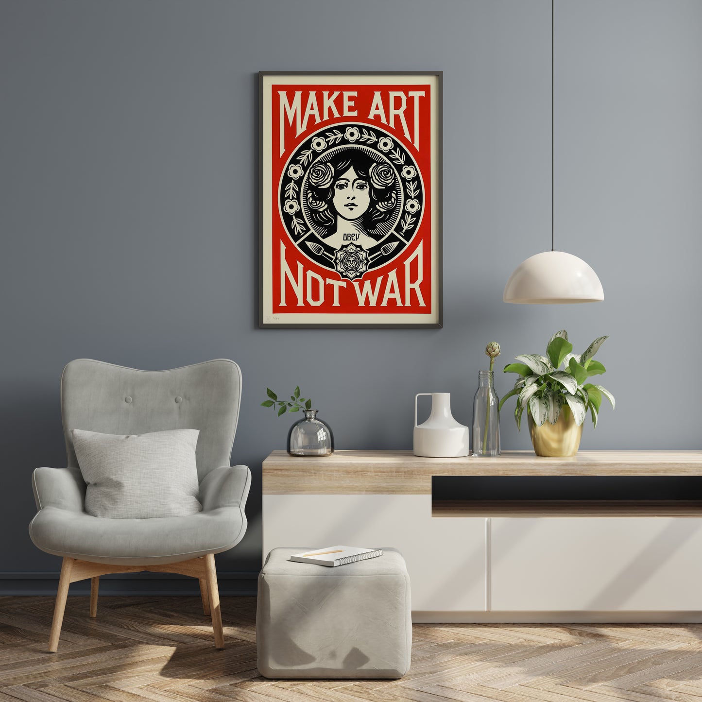 Floral woman protest poster with OBEY text, paintbrushes and bold red graphics displayed on a blue wall.